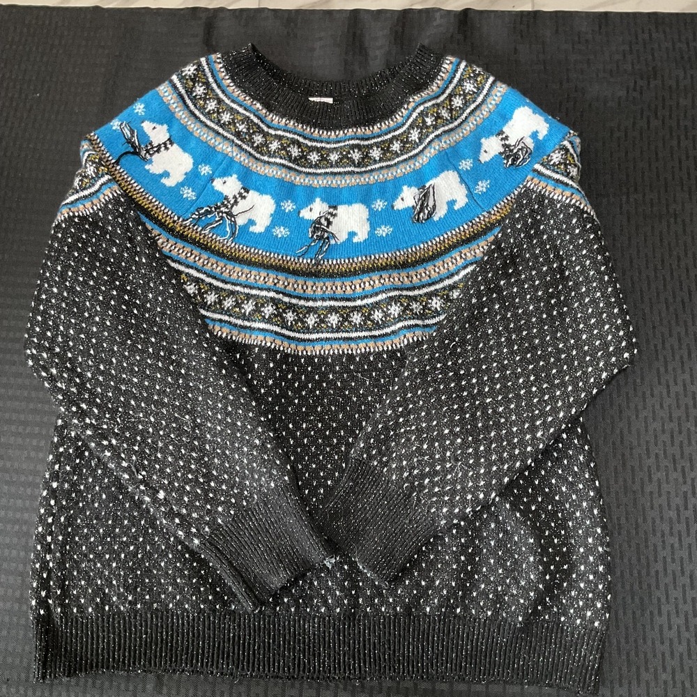 Holiday Time Sweater Womens XL Black Polar Bear Fair Isle‎ Christmas Pullover